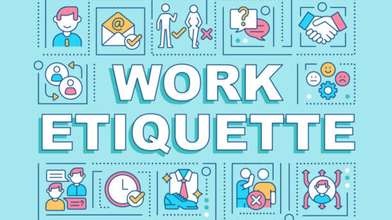 Work etiquette word concepts blue banner. Workplace manners and behavior. Infographics with icons on color background. Isolated typography. Vector illustration with text. Arial-Black font used