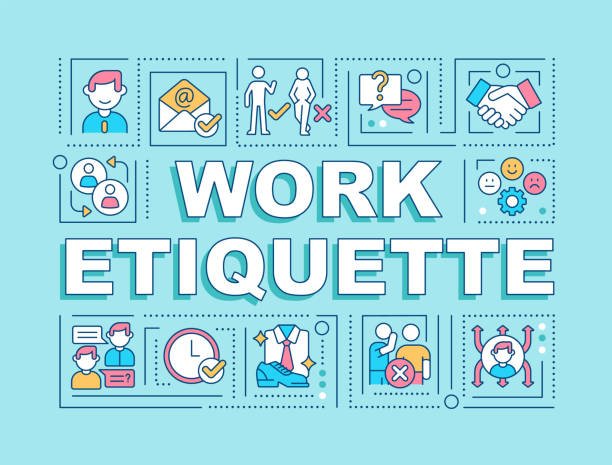 Work etiquette word concepts blue banner. Workplace manners and behavior. Infographics with icons on color background. Isolated typography. Vector illustration with text. Arial-Black font used